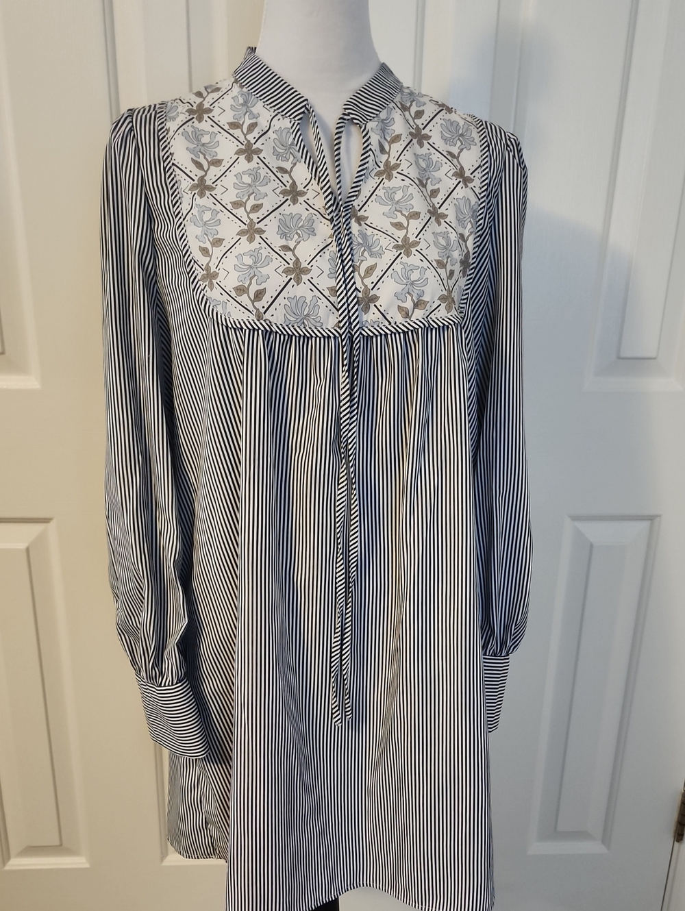 SHEIN Black and White Striped Midi Dress with Embroidered Yoke